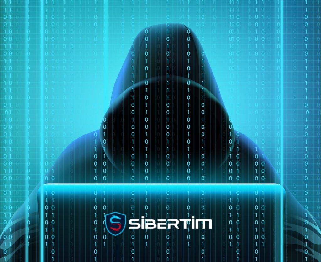 Mavi dijital ikili kod (binary code) yağmuru arkasında kapüşonlu bir silüet ve önünde parlayan bir dizüstü bilgisayar; tersine mühendislik ve kod analizi sürecini temsil eden siber güvenlik görseli.