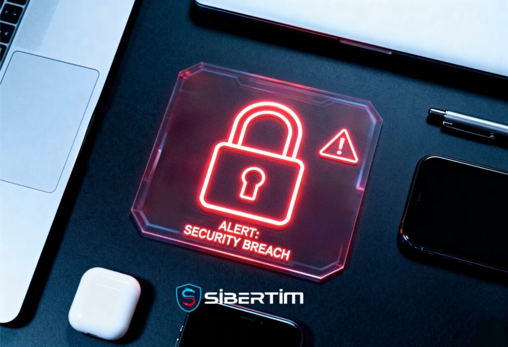Bir çalışma masası üzerinde duran laptop ve dijital cihazların yanında, kırmızı neon ışıklı bir asma kilit simgesi ve "ALERT: SECURITY BREACH" yazısı; sanal makine izolasyonunun kırılmasını ve VM Escape saldırısını simgeleyen uyarı görseli.