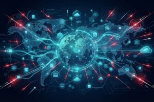 Gömülü parola ve API key keşfi ile küresel ölçekte bağlı IoT cihazlarındaki güvenlik risklerini simgeleyen dünya haritası üzerinde ağ bağlantıları görseli