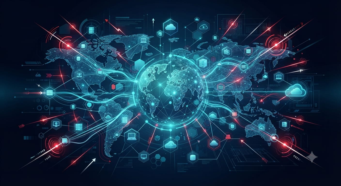 Gömülü parola ve API key keşfi ile küresel ölçekte bağlı IoT cihazlarındaki güvenlik risklerini simgeleyen dünya haritası üzerinde ağ bağlantıları görseli